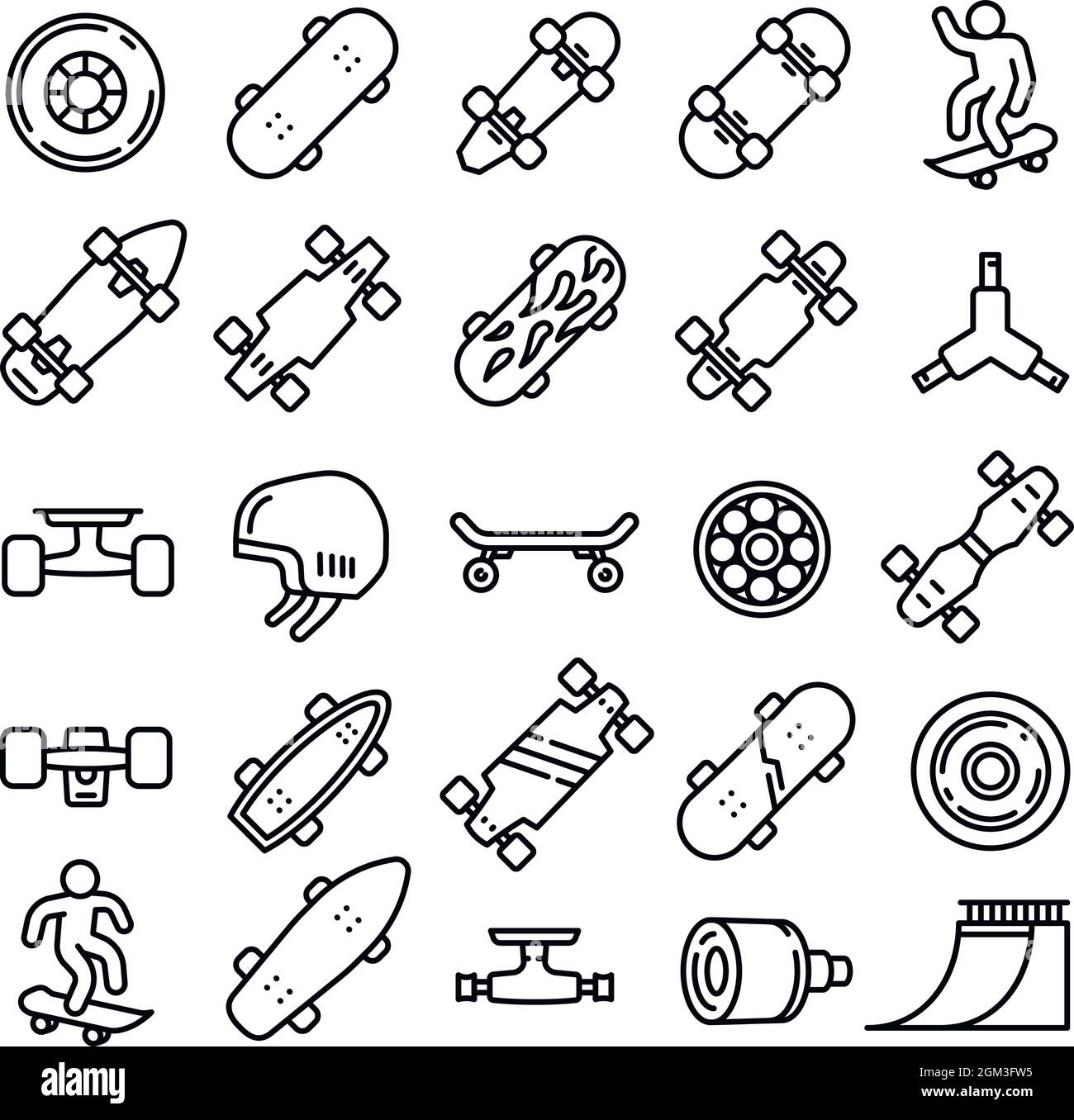 Jeu d'icônes de skateboard. Ensemble de contours d'icônes vectorielles de planche à roulettes pour la conception de sites Web isolée sur fond blanc Illustration de Vecteur