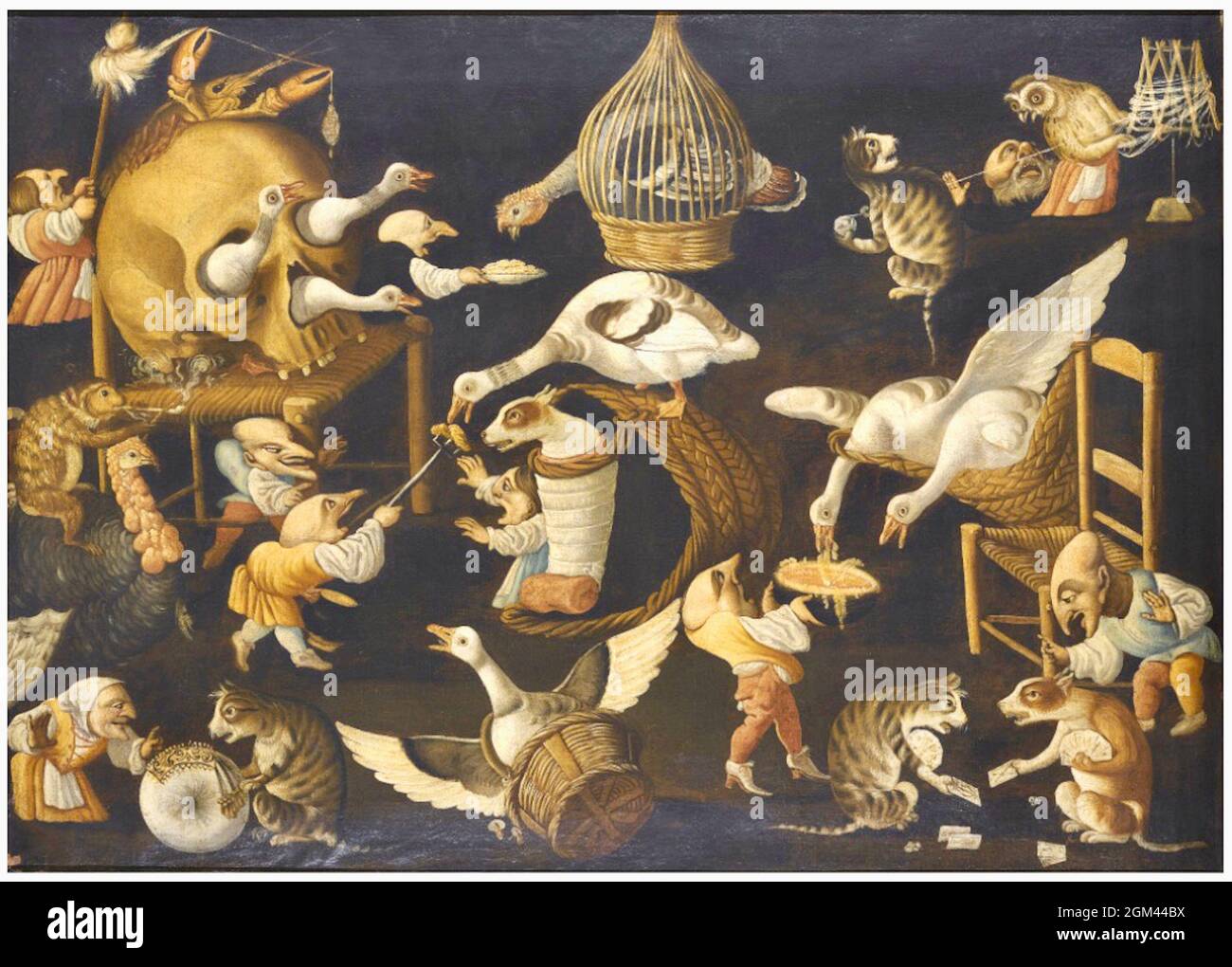 Le Maître de la fertilité de l'oeuf - nains et oies abondance avec un hibou, dinde et chiens et chats jouant un jeu de carte. Banque D'Images