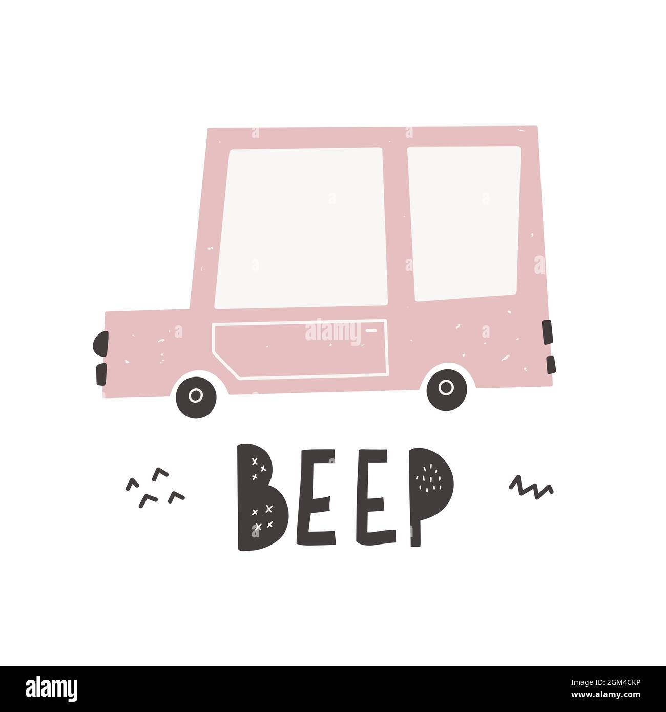 Illustration vectorielle en couleur pour enfants, poster, imprimé avec une jolie voiture et bip lettrage de style scandinave sur fond blanc. Intégré Illustration de Vecteur