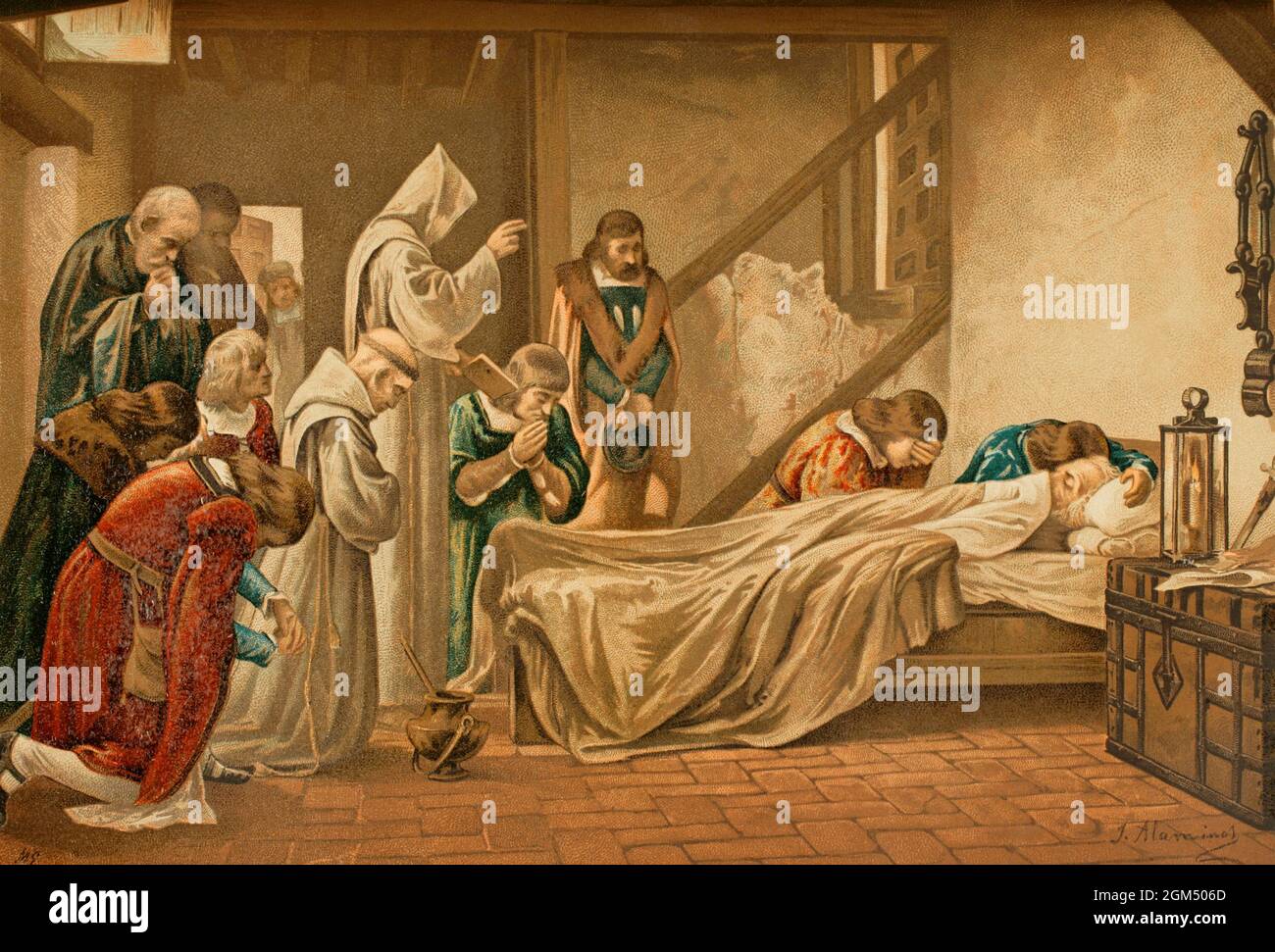 Christophe Colomb (1451-1506). Navigateur, cartographe, amiral, vice-roi et coloniste des Amériques. Mort de Christophe Colomb (peinture de Francisco Ortega). Illustration par J. Alaminos. Chromolithography. Historia général de España (Histoire générale de l'Espagne), par Miguel Morayta. Volume III Madrid, 1890. Auteur: Juan Alaminos. Artiste espagnol de la seconde moitié du XIXe siècle. Banque D'Images