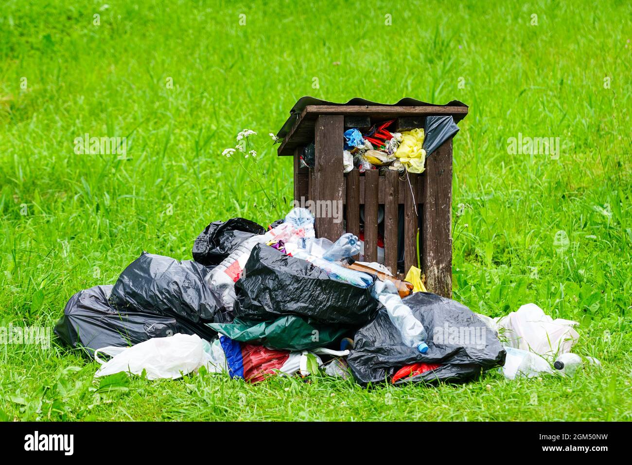 poubelle avec détritus de débordement dans un pré vert Banque D'Images