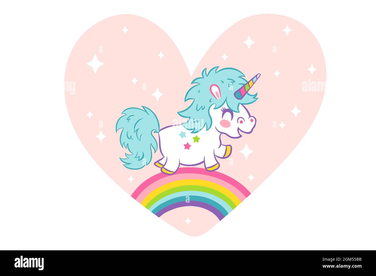 Carte de vœux vectorielle avec adorable licorne dans le style kawaii. Carte vectorielle Cute unicorn pour la Saint-Valentin. Illustration de Vecteur