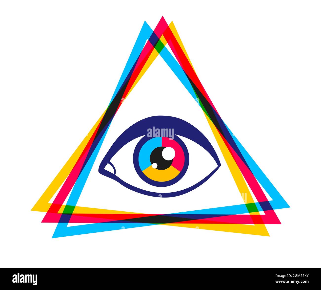 Pyramide Vector vintage avec œil dans le style des années 90. Affiche vectorielle vintage avec pyramide et œil. Pyramide arc-en-ciel en style CMJN. Illustration de Vecteur