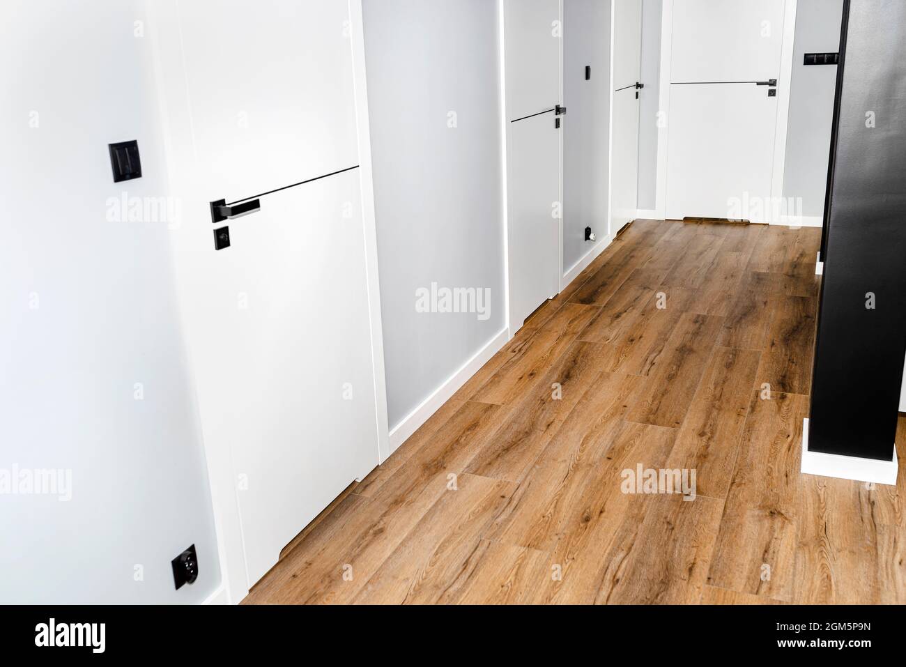 Une porte blanche avec un dégagement de ventilation avec une poignée noire  mate et une ligne noire au milieu dans une maison moderne avec des panneaux  en vinyle sur le plancher Photo