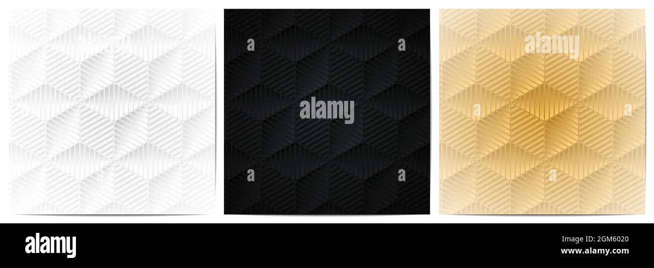 Ensemble de lignes de rayures géométriques abstraites avec fond de forme polygonale design luxueux de blanc, noir et or Illustration de Vecteur