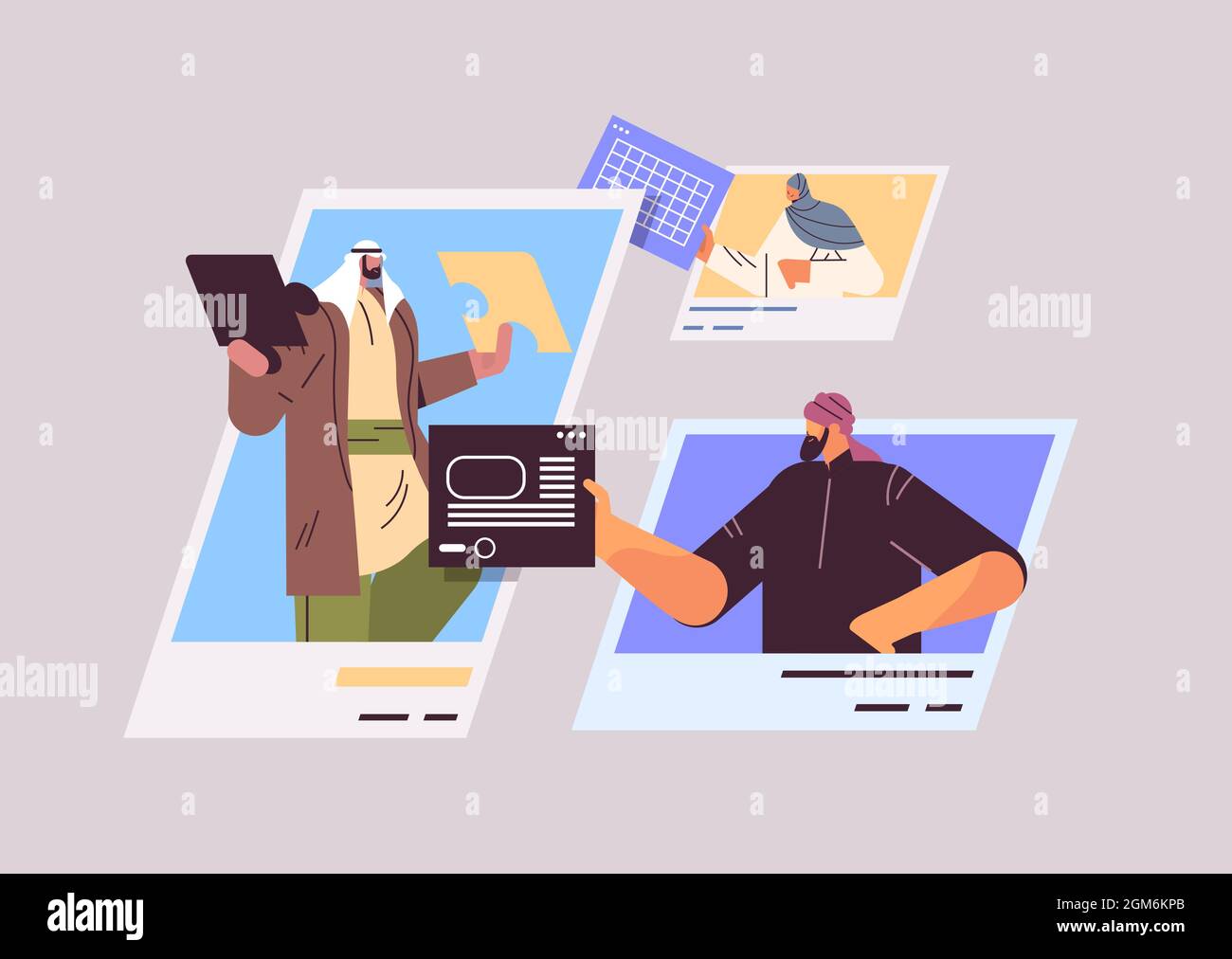 les hommes d'affaires arabes dans les fenêtres de navigateur web discutant au cours de la conférence virtuelle de travail d'équipe concept Illustration de Vecteur