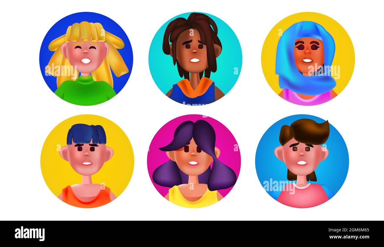 ensemble hommes femmes têtes dans les cadres ronds mélange race gens avatars collection dessins animés personnages portraits Illustration de Vecteur
