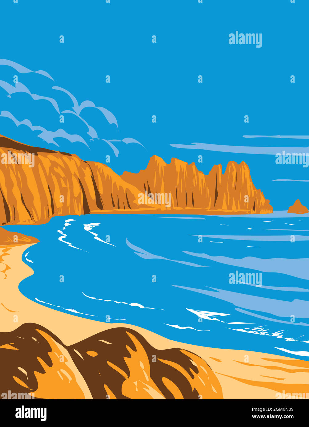 Affiche Art Déco ou WPA de Logan Rock sur Treen Cliff à Cornwall, Angleterre, Royaume-Uni fait dans le style d'administration de projet de travaux. Illustration de Vecteur
