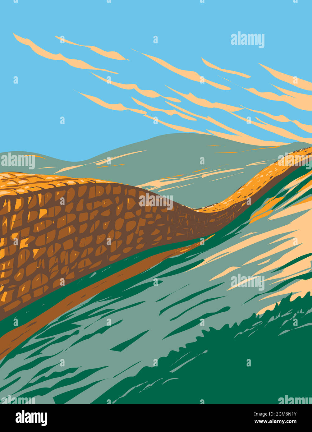 Affiche Art déco ou WPA du mur d'Hadrien près de Brampton dans le parc national de Northumberland, Angleterre, Royaume-Uni fait dans le style de gestion de projet d'œuvres. Illustration de Vecteur