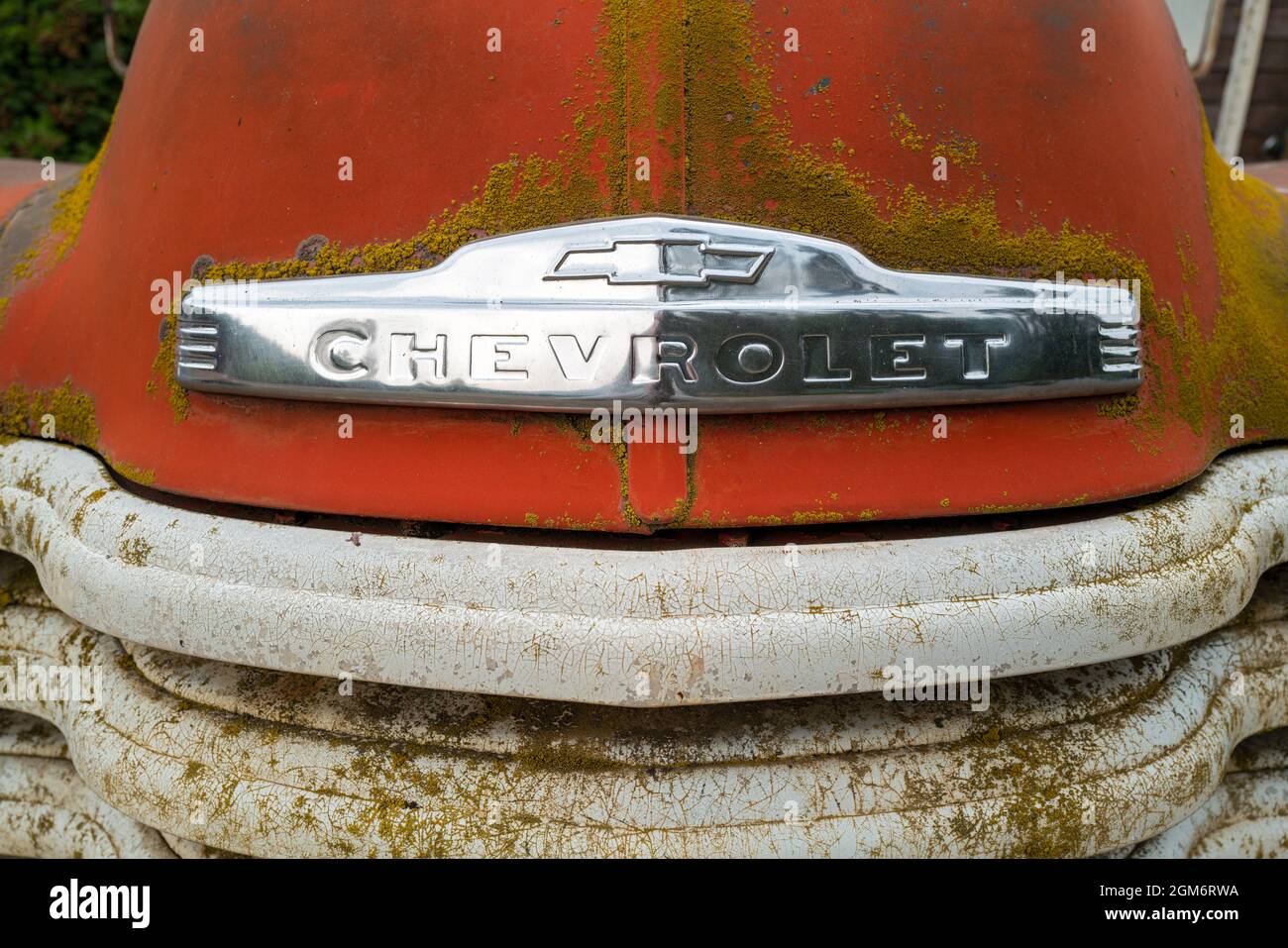 La plaque signalétique chromée à l'avant d'un pick-up Chevrolet 1951 dans l'Idaho, aux États-Unis Banque D'Images