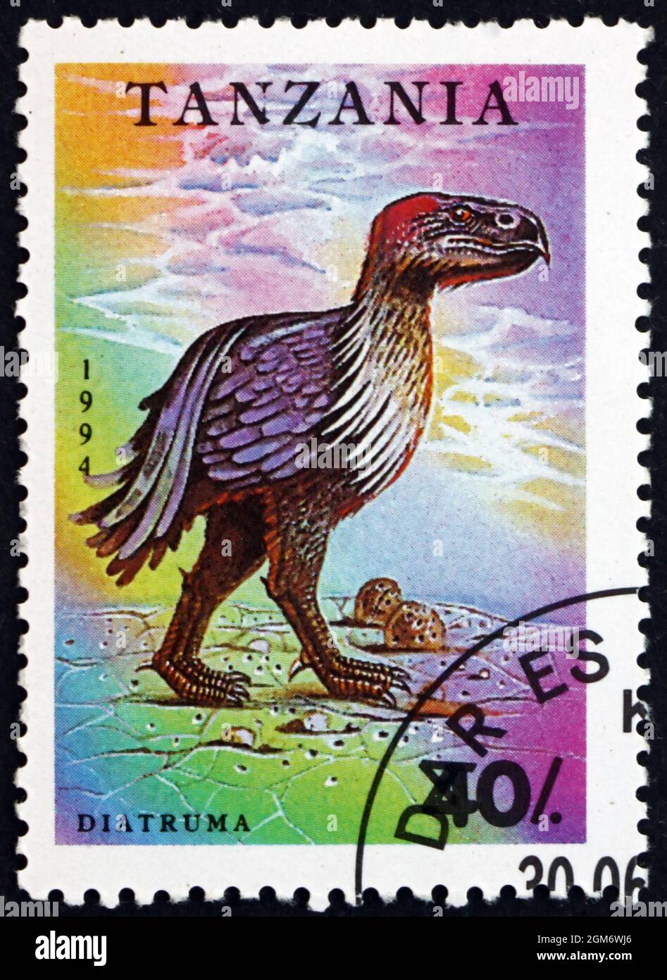 TANZANIE - VERS 1994: Un timbre imprimé en Tanzanie montre Diatryma, animal préhistorique, grand oiseau sans vol, vers 1994 Banque D'Images