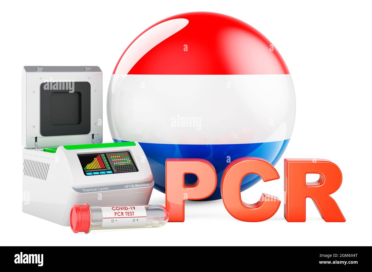 Test PCR pour COVID-19 au Luxembourg, concept. Thermocycleur PCR avec drapeau luxembourgeois, rendu 3D isolé sur fond blanc Banque D'Images