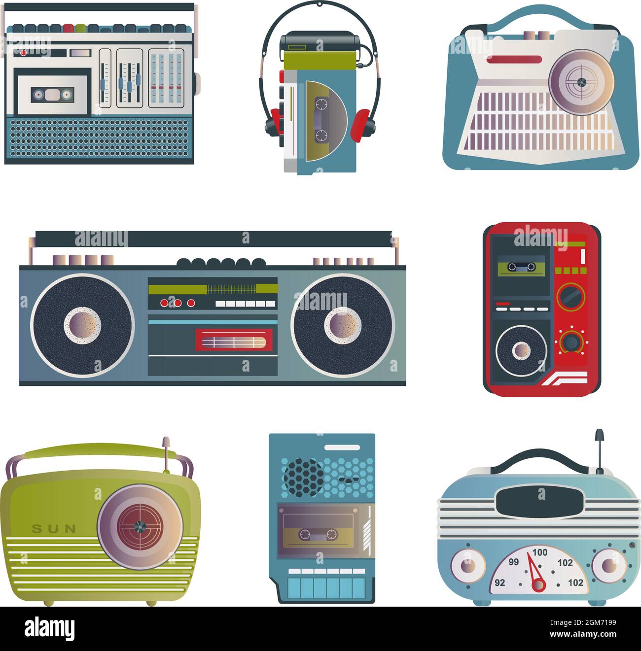 Icônes de médias rétro. Ensemble d'illustrations vectorielles sur le thème de la musique rétro. Récepteurs radio, magnétophone, lecteur, enregistreur de style rétro. Illustration de Vecteur