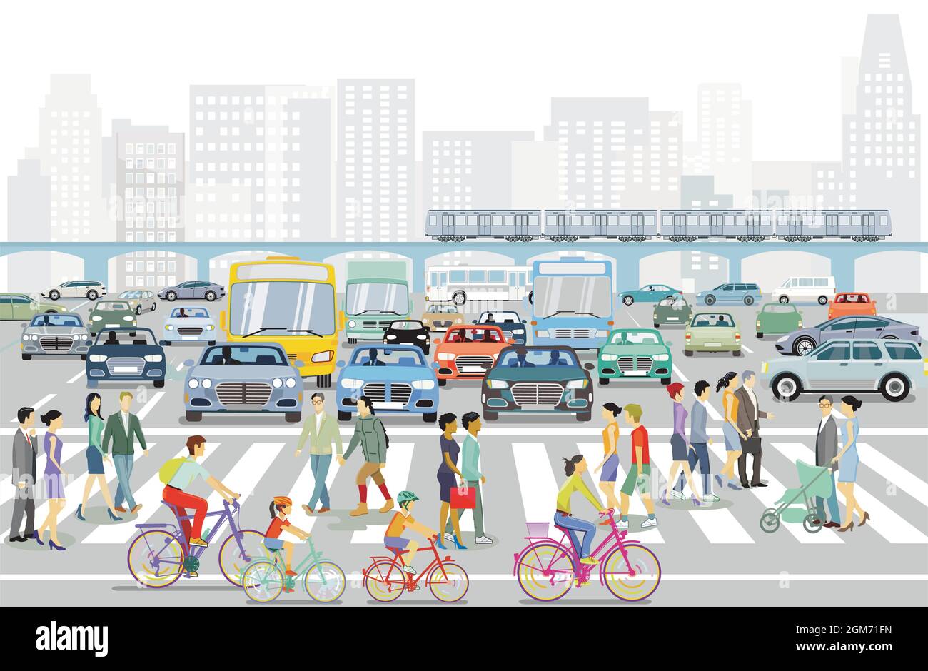 Grande ville avec des piétons sur le passage de côté et l'illustration des transports publics Illustration de Vecteur