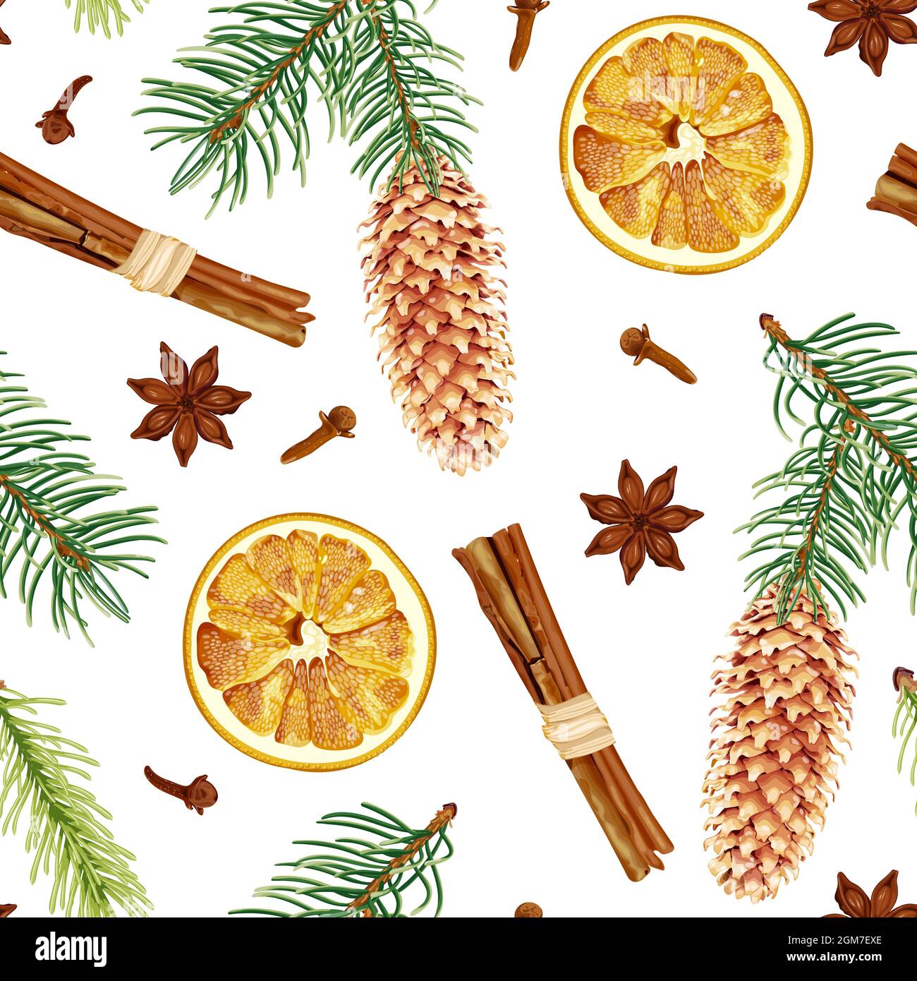Motif Noël et nouvel an sans couture avec branches de sapin, cônes de pin, cannelle, oranges séchées, étoiles anis, et des clous de girofle. Illustration de Vecteur