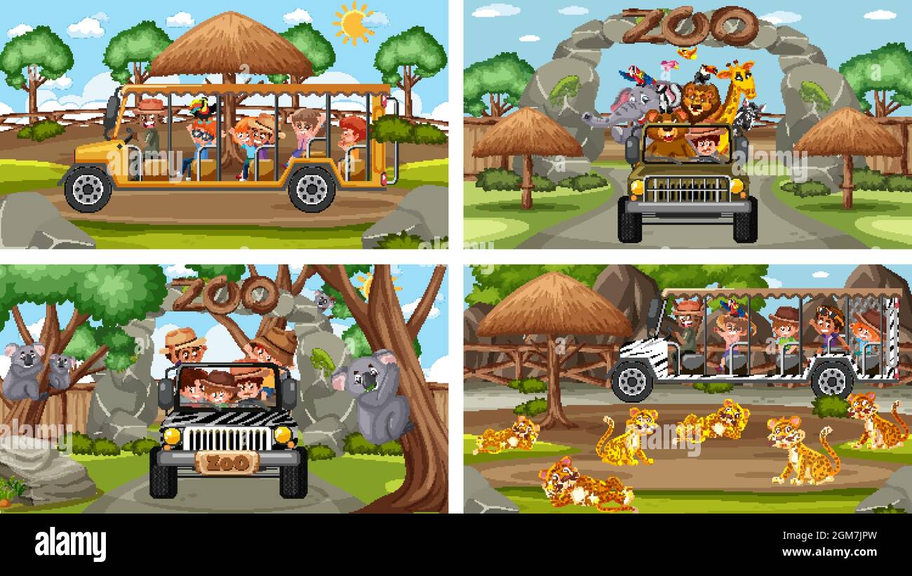 Quatre différentes scènes de zoo avec des enfants et des animaux d'illustration Illustration de Vecteur