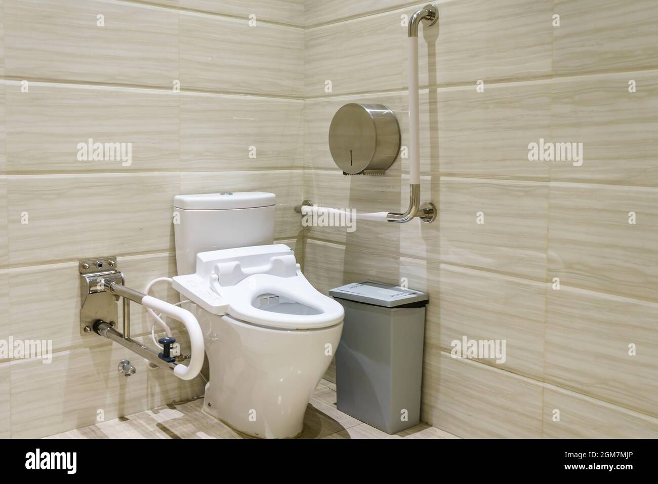 Intérieur de salle de bains pour les personnes handicapées ou âgées. Main courante pour les personnes handicapées et âgées dans la salle de bains Banque D'Images