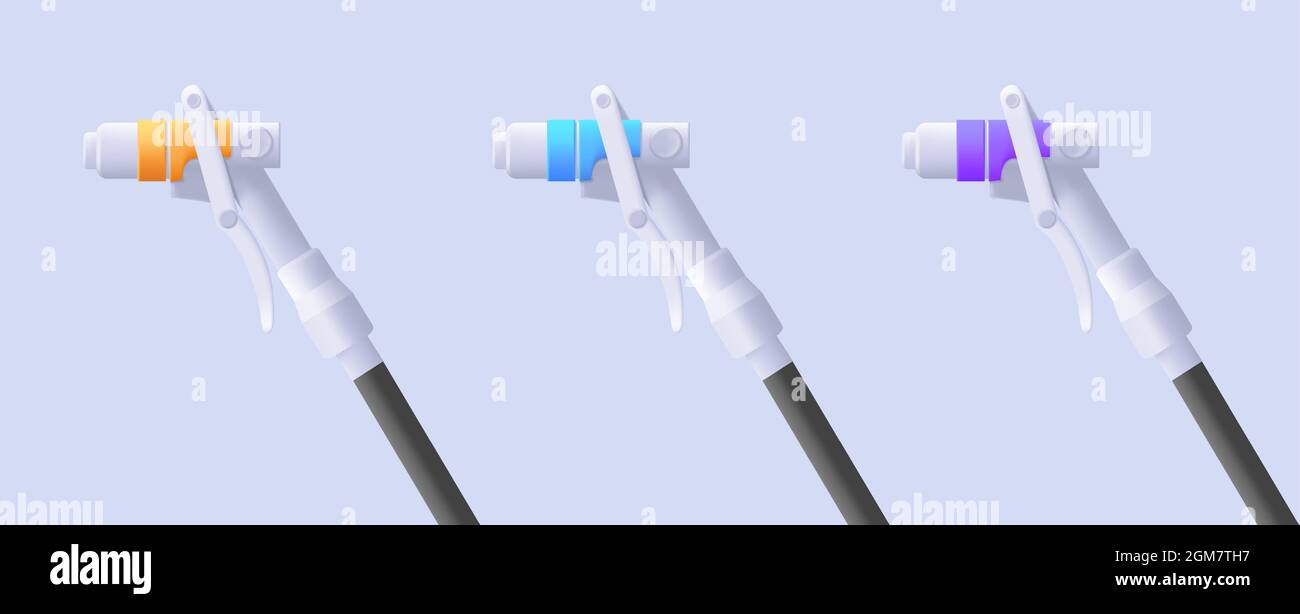 Jeu d'icônes de buses pour le ravitaillement en gaz naturel, équipement de station de gaz GPL, pistolet blanc de rendu 3d avec tuyau de balck et capuchon coloré Illustration de Vecteur