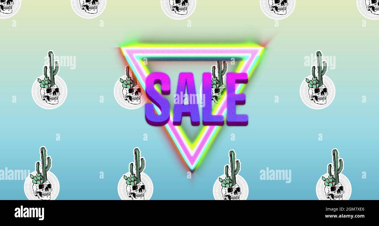 Image du texte de vente sur triangle de néon et cactus sur fond bleu Banque D'Images