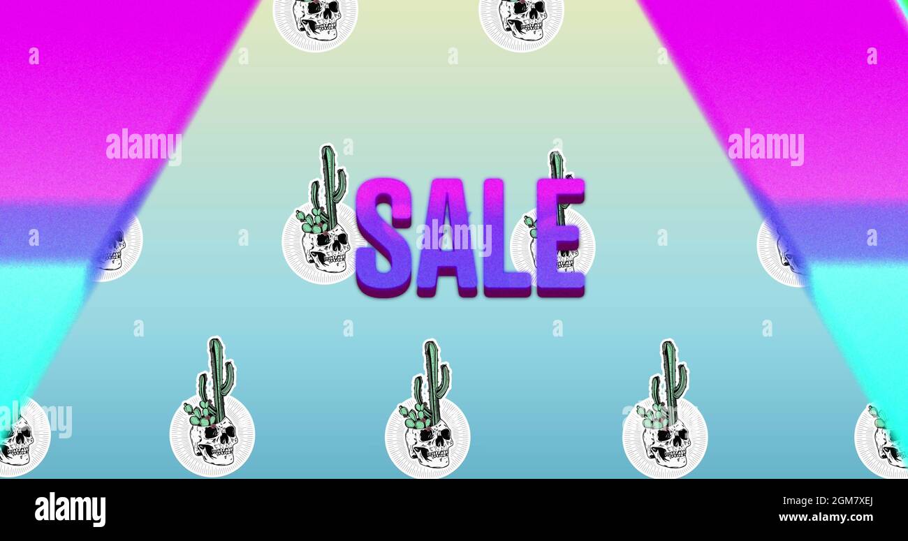 Image du texte de vente sur triangle de néon et cactus sur fond bleu Banque D'Images