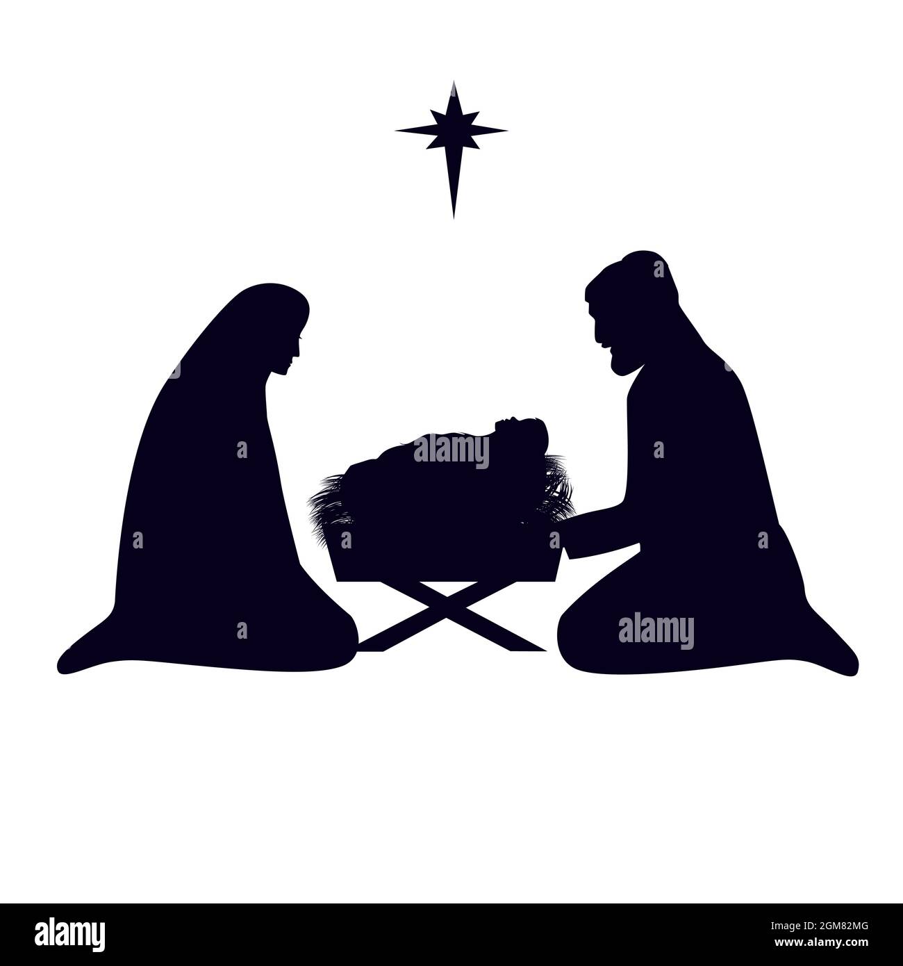 L'histoire de Noël Marie Joseph et bébé Jésus en mangeur. Scène de Nativité en silhouette de bébé Jésus dans le mangeur avec étoile. La naissance du Christ, vecteur Illustration de Vecteur