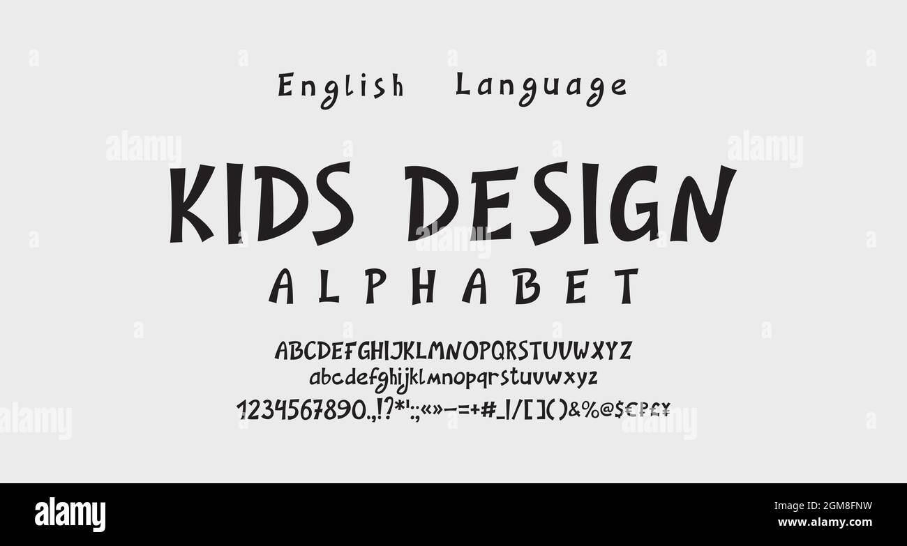 Alphabet créatif de dessin animé. Police vectorielle fantaisie dessinée à la main, majuscules et minuscules, chiffres, signes de ponctuation, symboles. Illustration de Vecteur