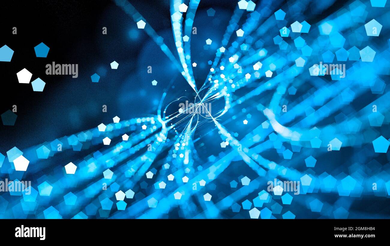 Trajectoires luisant en bleu avec particules, arrière-plan abstrait généré par ordinateur, rendu 3D Banque D'Images