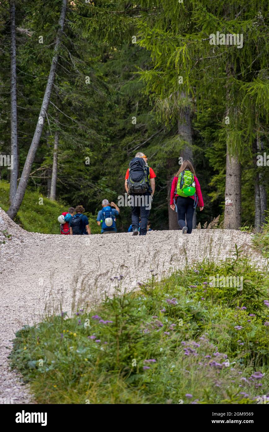 Dolomiti Escursionisti lungo il sentiero che porta alla Ferrata G. Barbara a Fanes|Dolomites randonneurs le long du chemin qui mène à la Ferrata G. Barbara à Fanes Banque D'Images