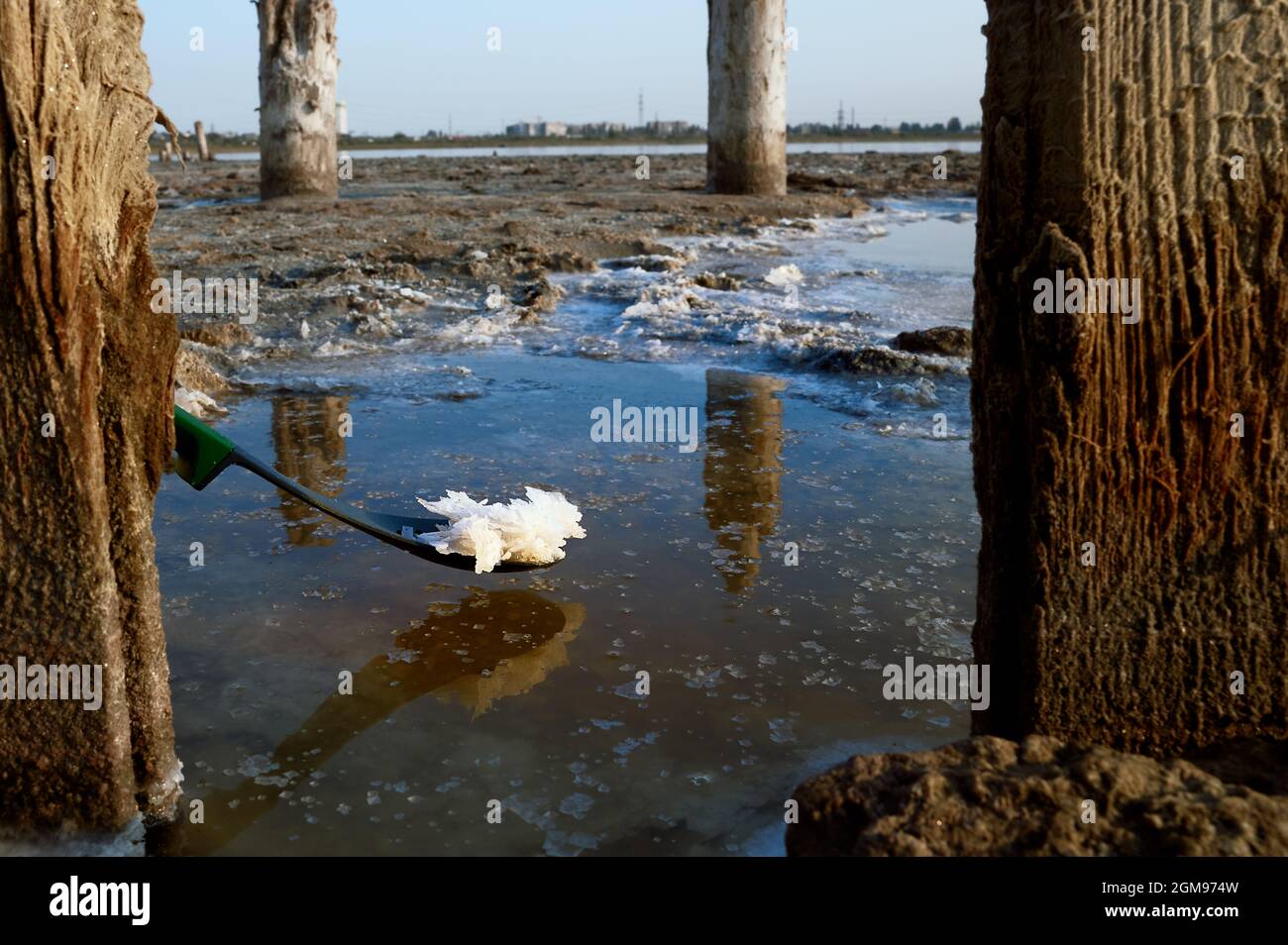Collecte de sel médicinal sur l'estuaire de Kuyalnik. Odessa, Ukraine. Banque D'Images