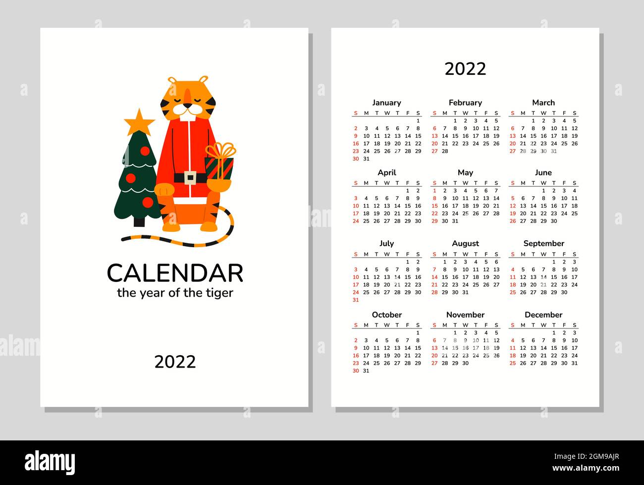 Calendrier pour 2022 avec un joli tigre. Joyeux Noël et Bonne Année. Illustration vectorielle isolée du tigre avec arbre de noël et cadeaux. Père Noël Illustration de Vecteur