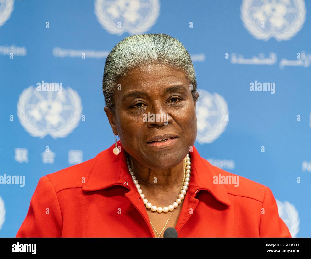 New York, NY - 17 septembre 2021: Réunion de presse hybride par l'Ambassadeur Linda Thomas-Greenfield des États-Unis au Siège de l'ONU Banque D'Images