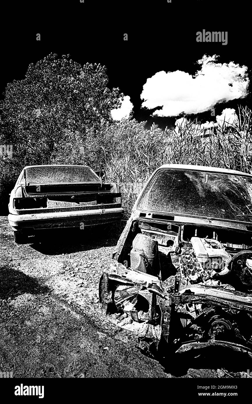 Stylisation noire et blanche voitures abandonnées après accident dans la nature de près Banque D'Images