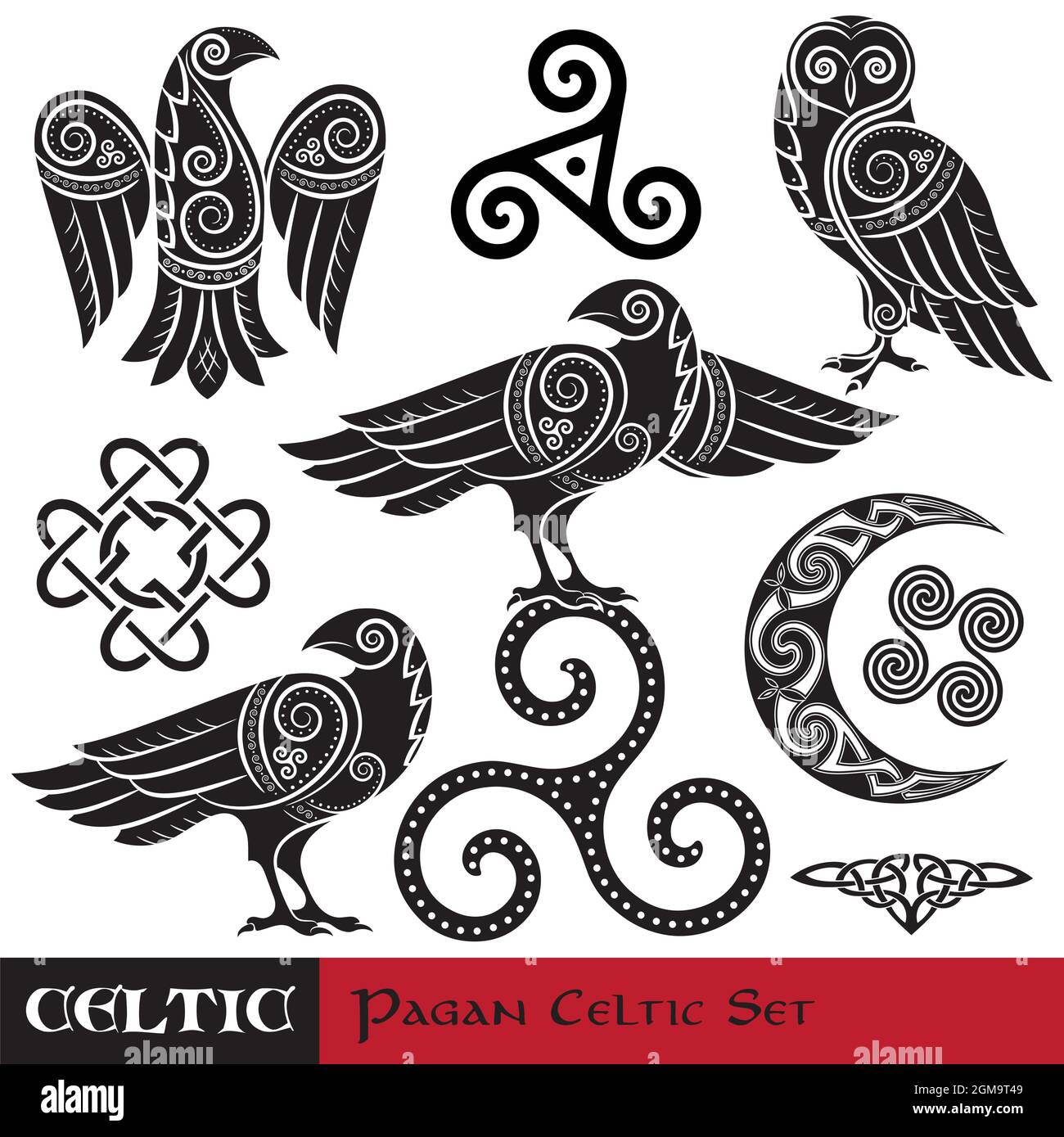 Ensemble Celtic Magic. Celtic Horned Moon, Celtic Owl, Celtic Raven Illustration de Vecteur