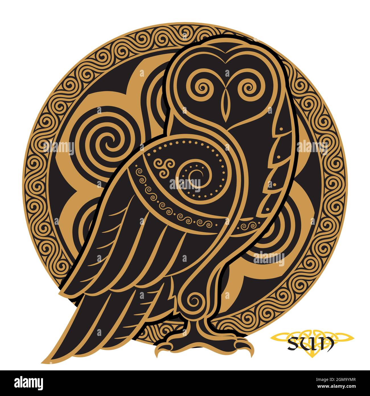 Hibou dessiné à la main en styl celtique, sur le fond de l'ornement de lune celtique Illustration de Vecteur