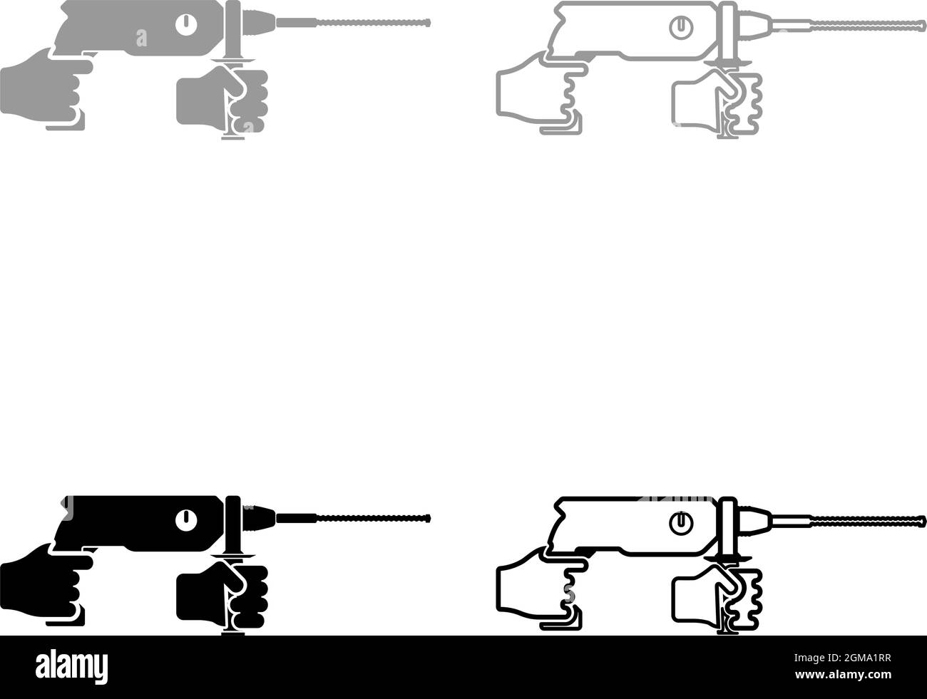 Perceuse à percussion rotative électrique dans l'outil de maintien à main utilisation du bras à l'aide de l'outil électrique ensemble icône gris noir couleur vecteur illustration style plat image simple Illustration de Vecteur