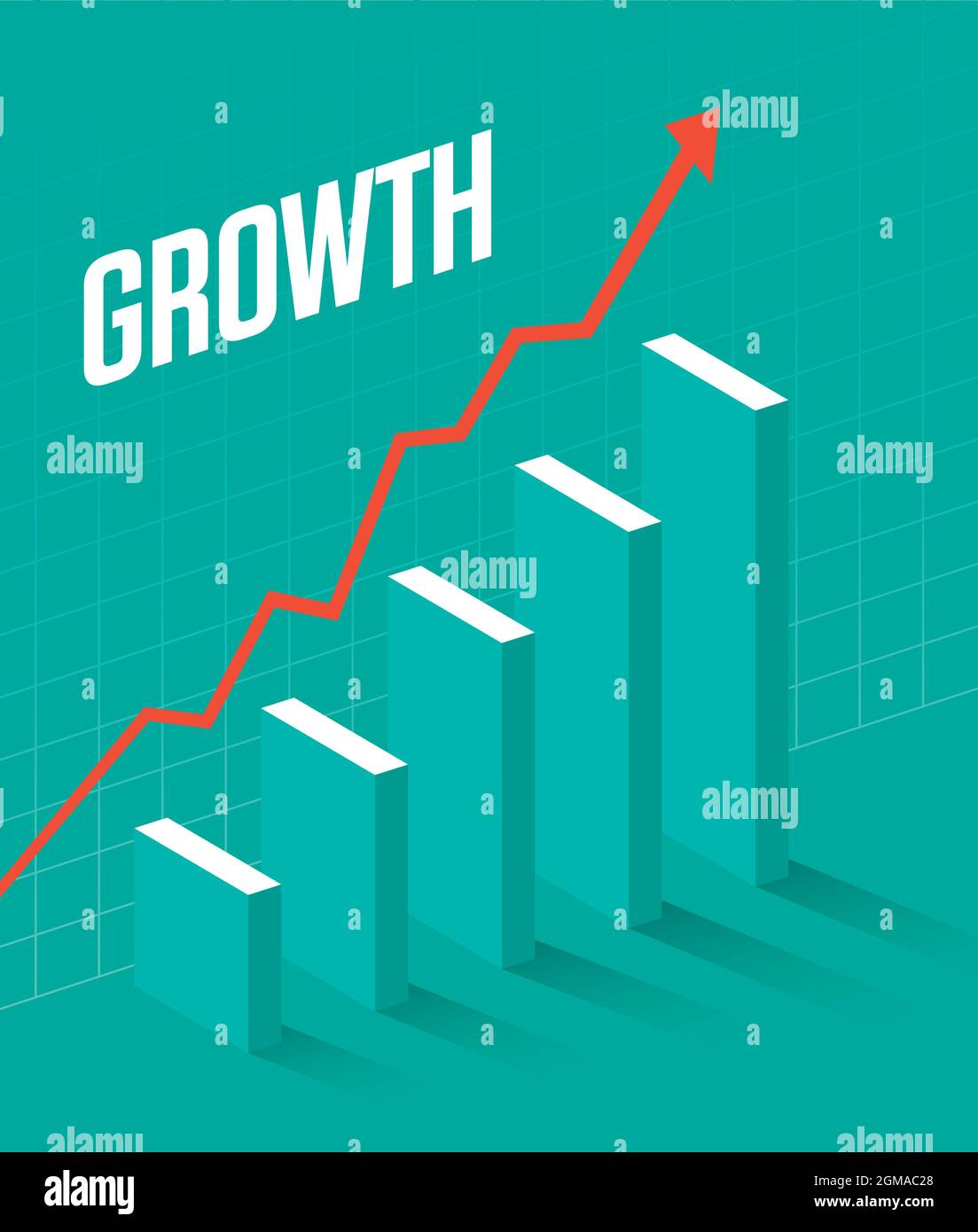 Illustration graphique d'entreprise montrant la croissance. Illustration vectorielle d'un graphique à barres tridimensionnel avec des ombres et une flèche indiquant une croissance continue. Illustration de Vecteur