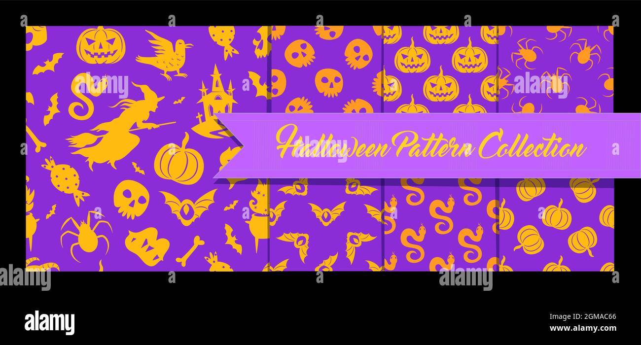 Ensemble d'arrière-plan à motifs sans couture pour Halloween. Collection de motifs vectoriels avec des éléments de sorcière, lanterne de citrouille, crâne, chou-fleur, spide pour halloween Illustration de Vecteur
