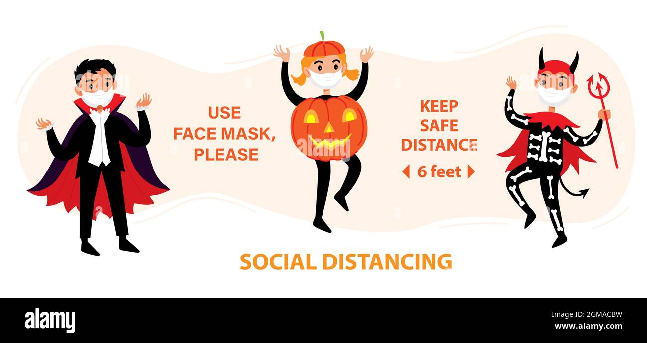 Bannière de l'infographie sur la distance sociale de COVID 19 avec de mignons personnages de dessin animé d'Halloween en costumes et masques protecteurs. Protection du coronavirus vecteur Illustration de Vecteur
