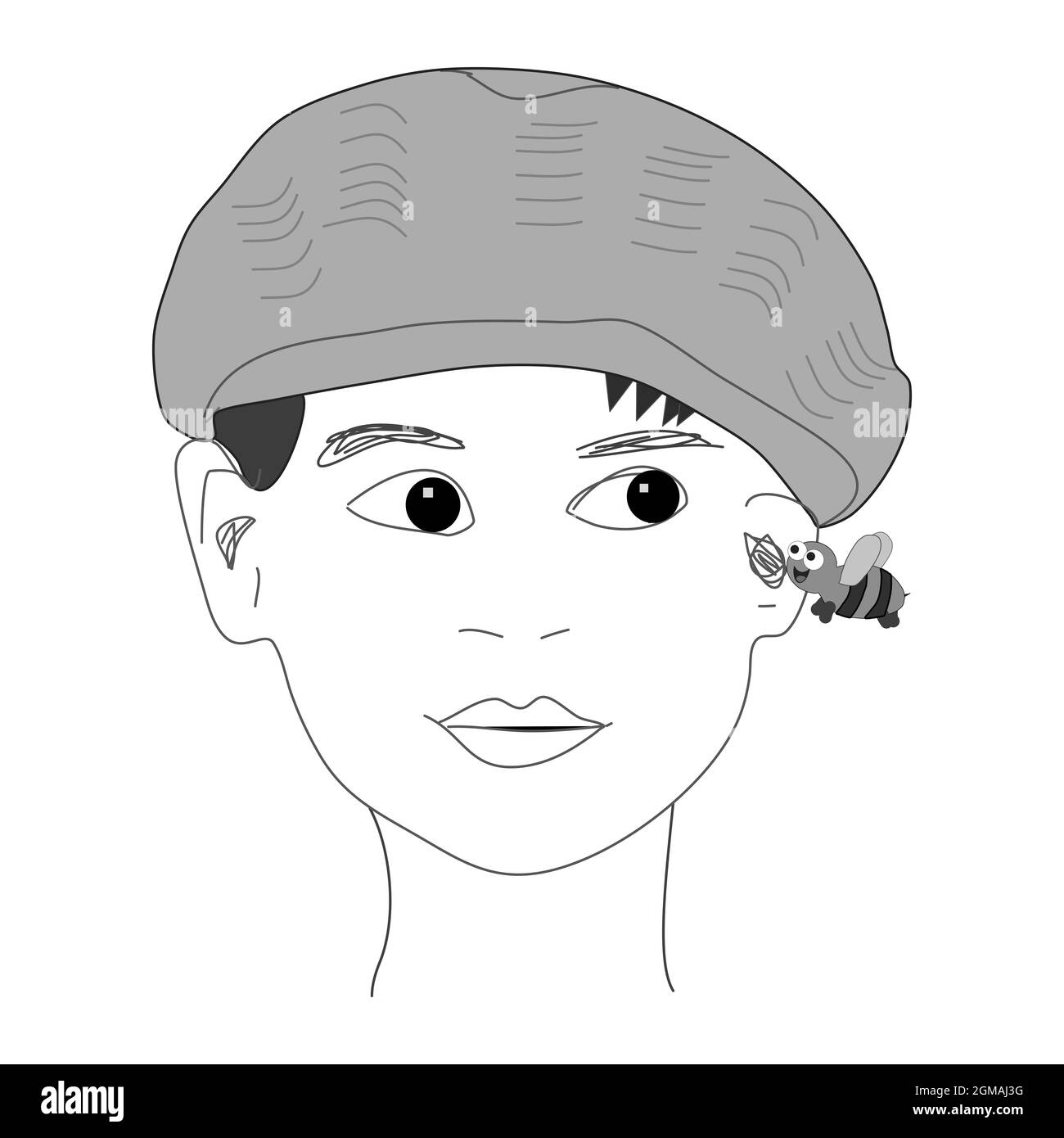 Illustration minimaliste de Girl avec chapeau d'oreille à motif abeille Banque D'Images