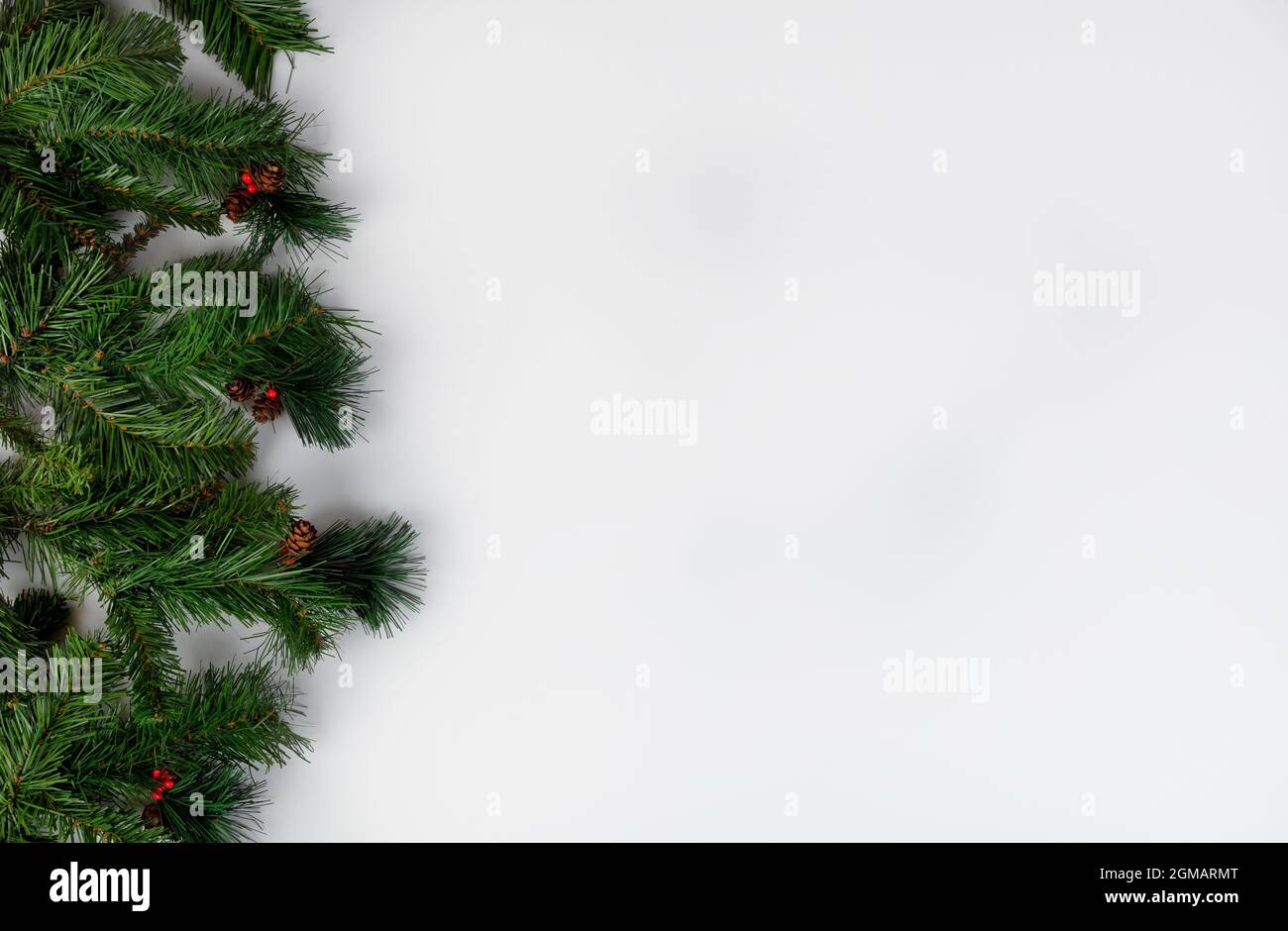 Branches de sapin sur fond blanc pour un joyeux Noël ou un concept de fête du nouvel an heureux Banque D'Images