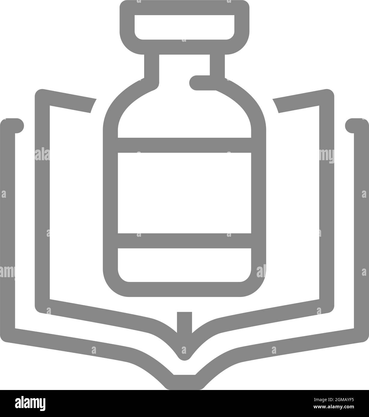 Icône d'ampoule médicale et de ligne de livre ouverte. Informations sur la vaccination, instructions pour le médicament, symbole de sérum Illustration de Vecteur