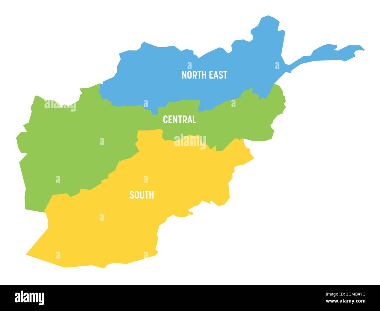 Carte politique colorée de l'Afghanistan. 3 régions. Carte vectorielle plate simple avec étiquettes. Illustration de Vecteur