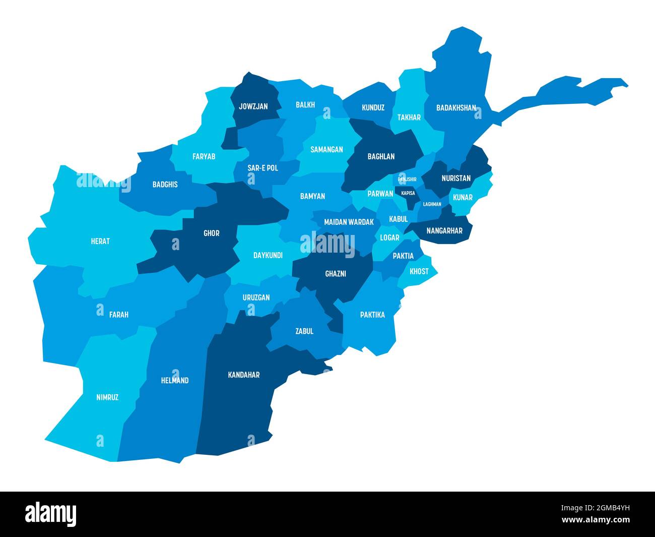 Carte politique bleue de l'Afghanistan. Divisions administratives - provinces. Carte vectorielle plate simple avec étiquettes. Illustration de Vecteur