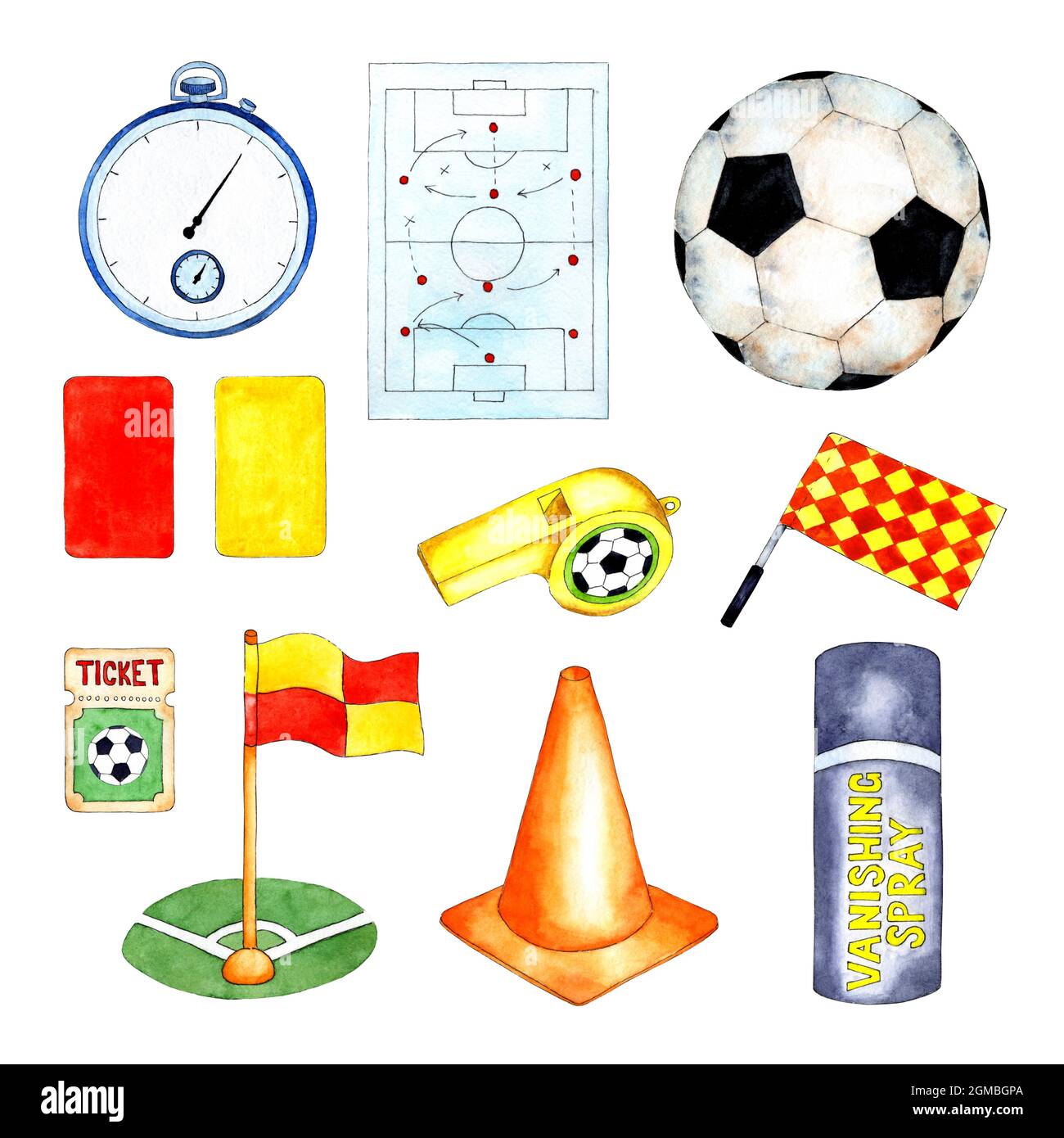 Illustration aquarelle des attributs du football. Tableau tactique