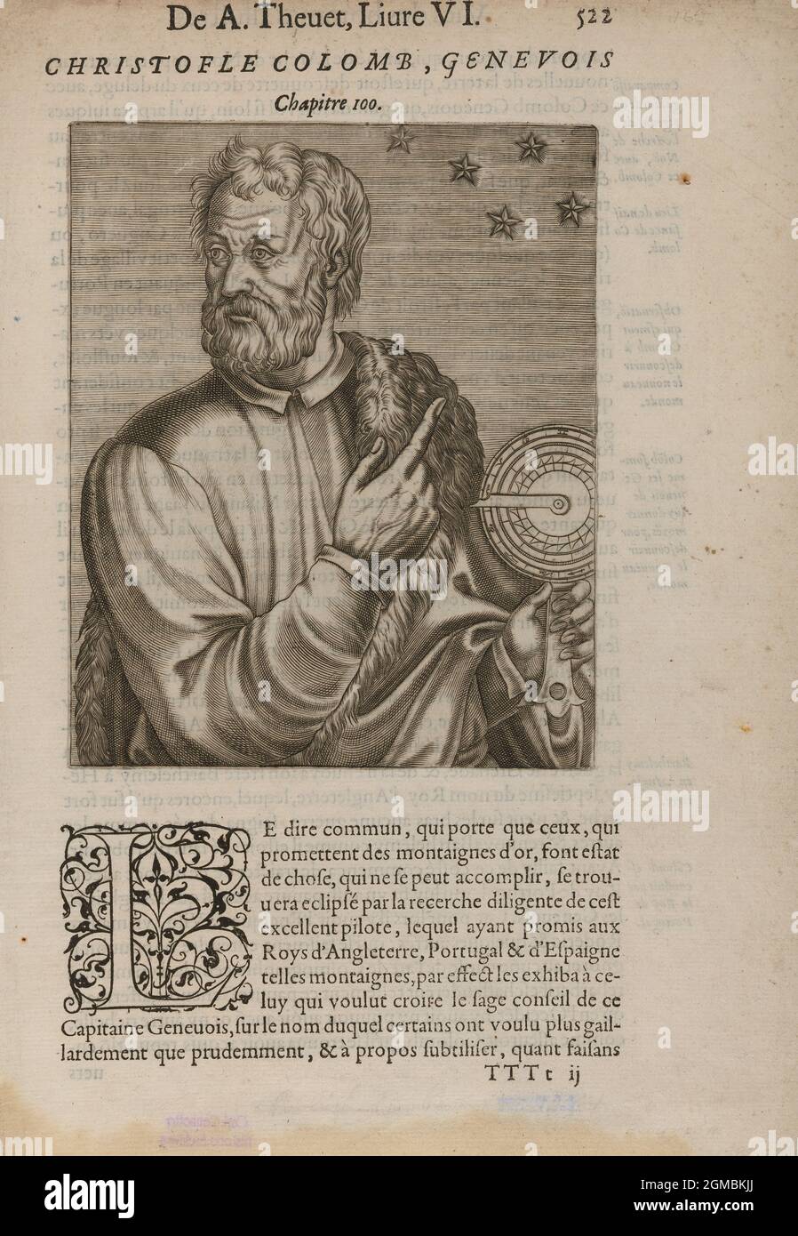 Portrait de Christophe Colomb, gravure d’un artiste inconnu, tiré du volume de biographies recueillies d’André Thevet, les Vrais Pourtraits et vies des hommes Illubres (Paris, 1584) Banque D'Images