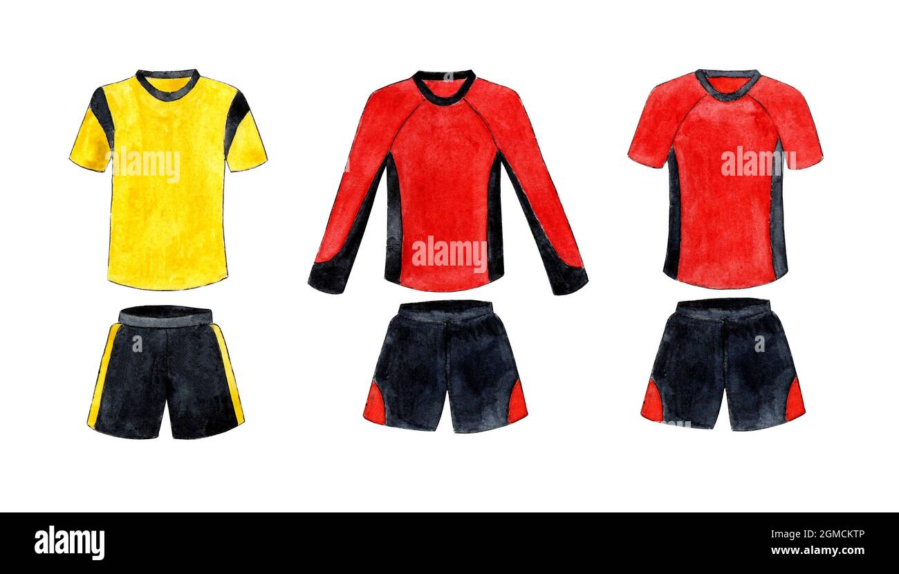 Jeu d'illustrations aquarelles d'uniformes de football rouge et jaune avec noir. Un ensemble de t-shirts et de shorts de sport pour l'entraînement et la compétition. Athlète Banque D'Images