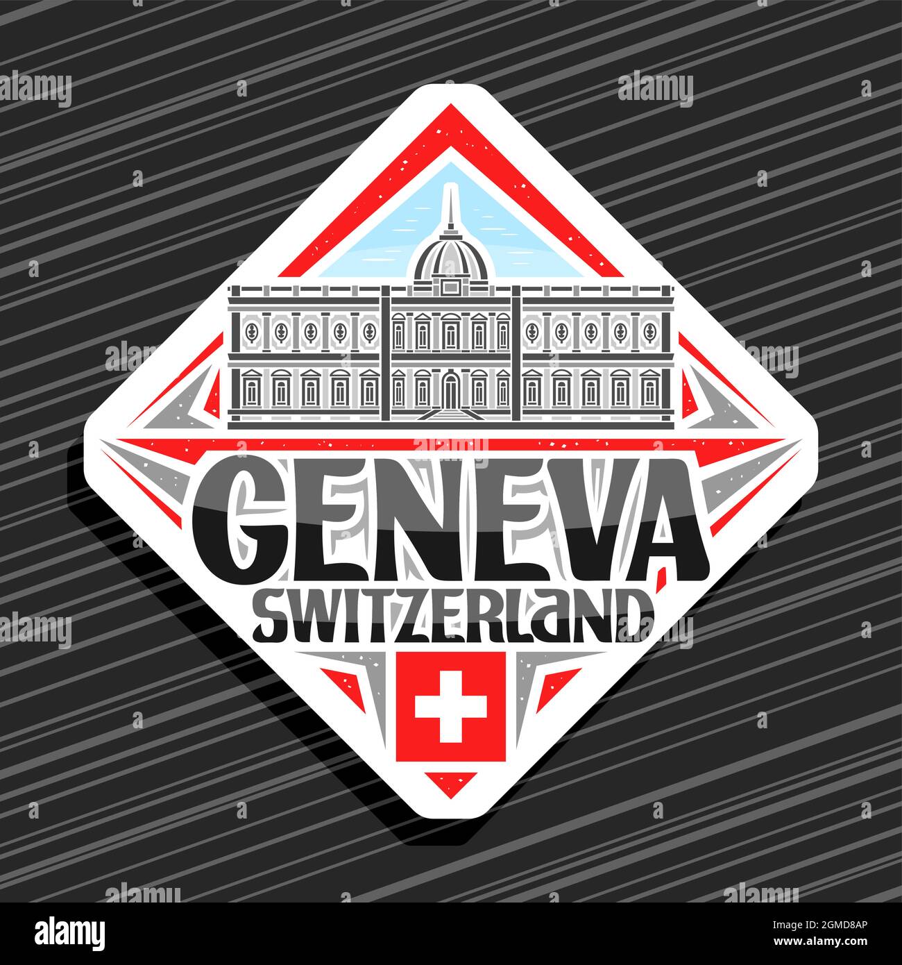 Logo Vector pour Genève, panneau blanc sur la route du losange avec illustration du musée ariana sur fond ciel de jour, aimant décoratif pour réfrigérateur avec unique Illustration de Vecteur