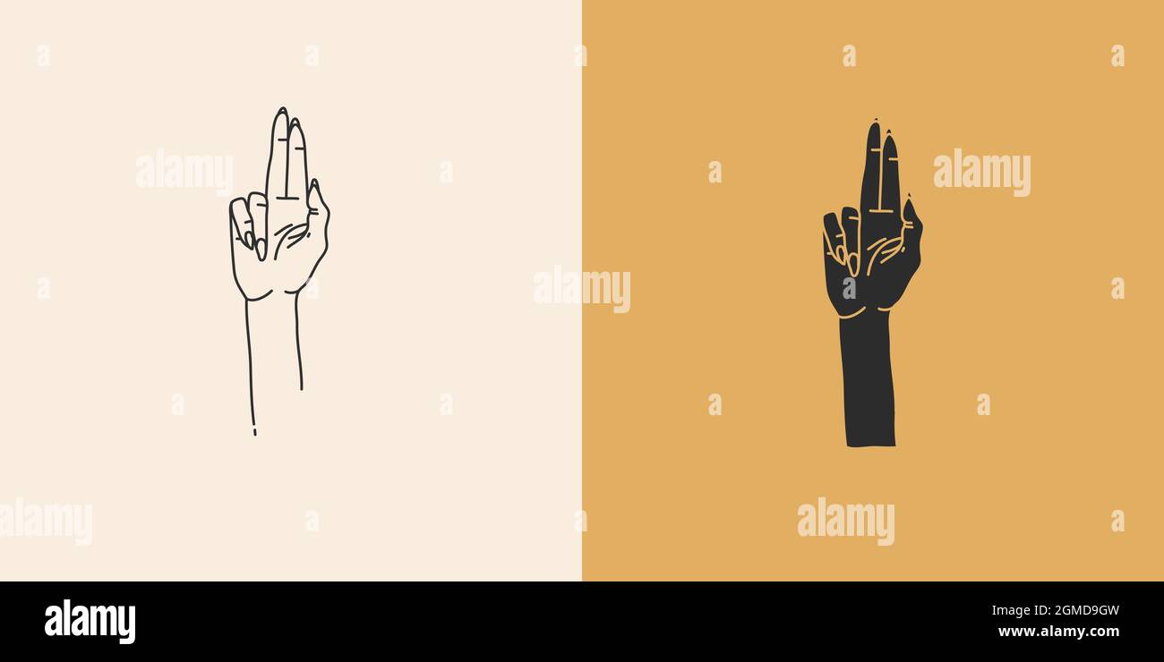 Dessin vectoriel à la main résumé stock plat graphique illustration avec minimum de collection d'éléments de logo, occulte mystère sorcière mains toucher ligne dessin et Illustration de Vecteur