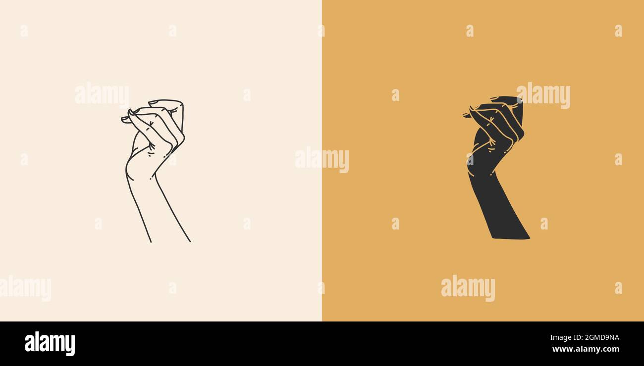 Dessin vectoriel à la main résumé stock plat graphique illustration avec minimum de collection d'éléments de logo, occulte mystère sorcière mains toucher ligne dessin et Illustration de Vecteur