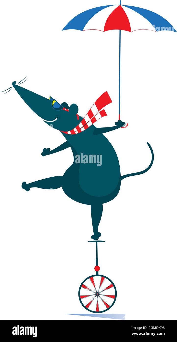 Caricature rat ou souris équilibre sur le monocycle et tient un parapluie isolé sur blanc Illustration de Vecteur